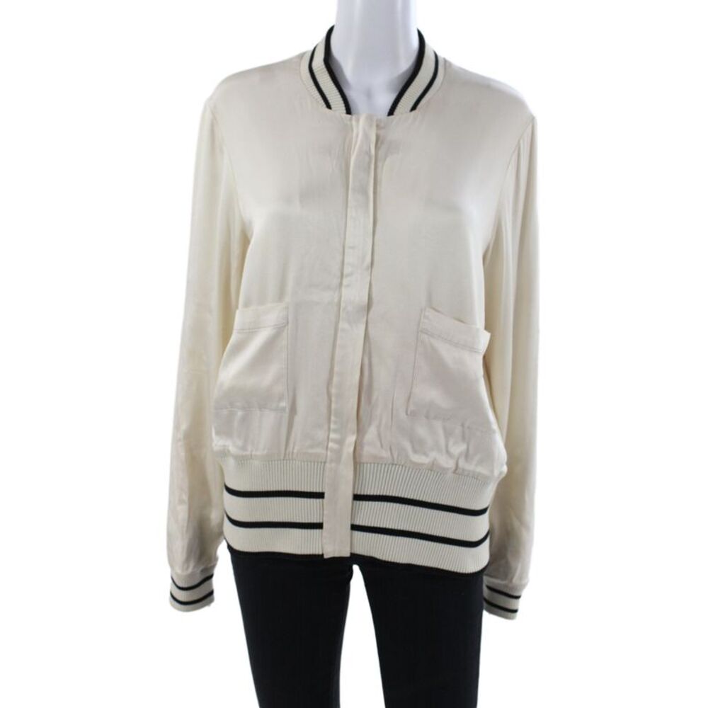 Alexis Womens Bomber Jacket Ivory Viscose Zip Long Sleeve Size S